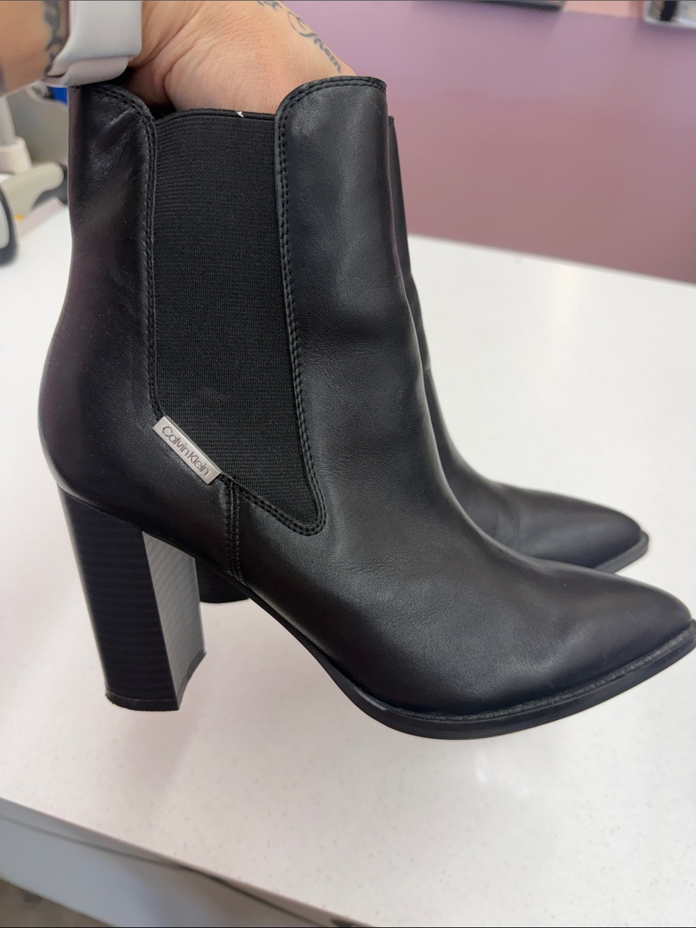 Calvin Klein Black Pointed Chelsea Ankle Boots with Block Heel - Picture 2 of 6